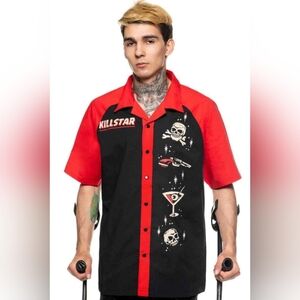 ISO OF PLEASE DONT BUY Killstar Men's Black Red Graphic Button Down Bowler Shirt